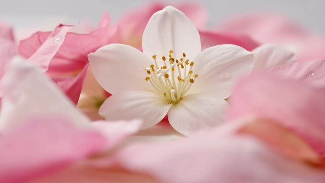 Macro sequence of delicate white jasmine flowers nestled among soft pink rose petals. slow forward dolly reveals a single dewy blossom in sharp focus.