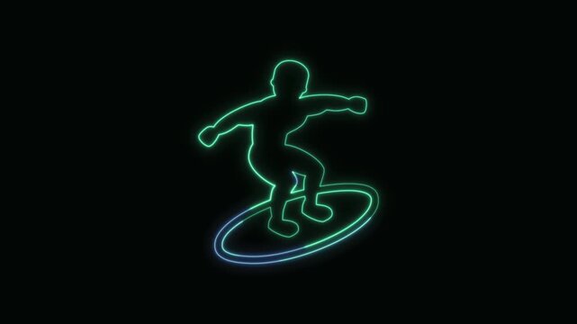 Surfer Icon Neon Seamless Loop 4K Black Background Animated Promotional Typography for Video Editing