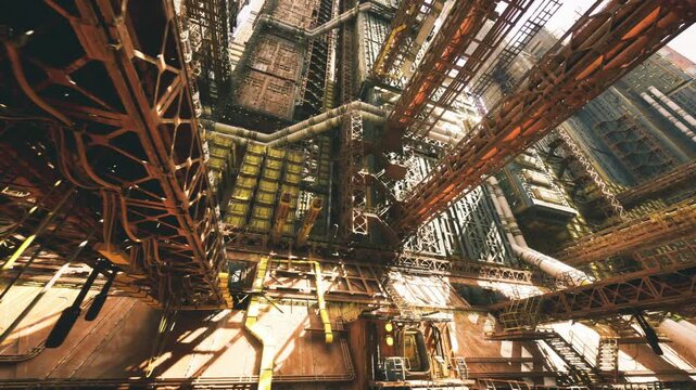 underside maintenance walkway showing closeup of girders and support braces, lowangle view emphasizing dangling cables, worn paint and industrial textures,