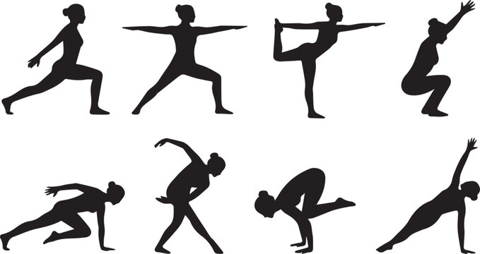 Set of Woman Silhouettes Performing Yoga Poses and Dynamic Stretching Exercises for Fitness and Wellness Vector Illustration