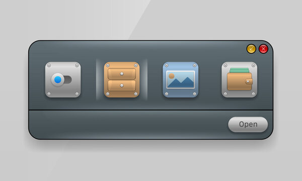 Dark skeuomorphic app launcher window UI mockup with application icons and open button