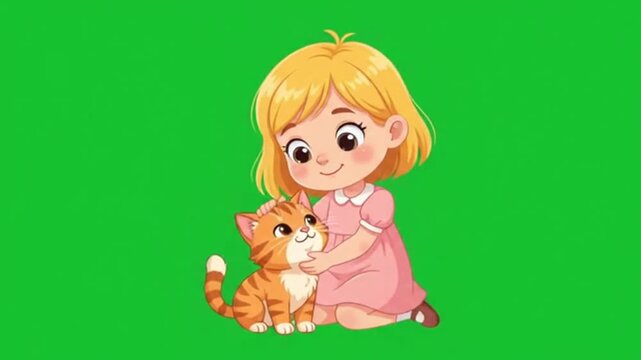 Charming digital vector illustration of a cute blonde girl gently petting and cuddling her happy little ginger tabby cat friend against a solid green background
