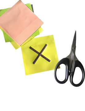 Cross mark on sticky notes Isolated PNG.. Hand Drawn cross mark. cross mark sticky note with craft scissors
