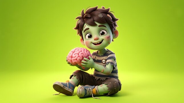 Cute cartoon zombie child holding a brain on green background