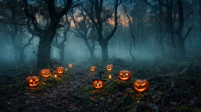 Glowing Halloween Jack-o-Lanterns in a Spooky Foggy Forest at Night