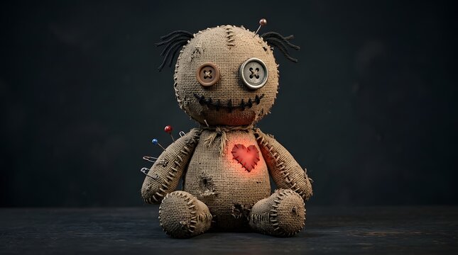 Handmade voodoo doll with heart patch and button eyes on dark background