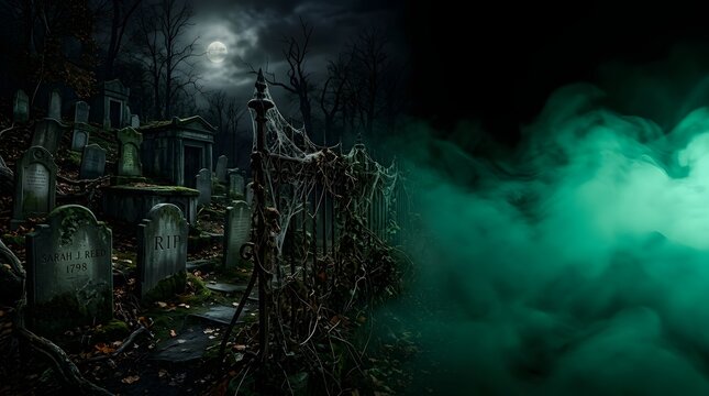 Haunting moonlit graveyard with eerie green mist at night