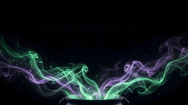 Mystical cauldron with swirling green and purple smoke on black background
