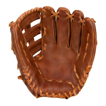 Classic brown leather baseball glove isolated on a white background for sports equipment design