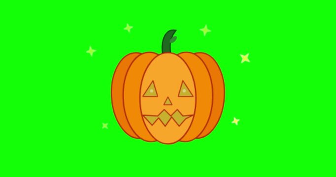 A collection of six flat cartoon pumpkins with various scary and smiling faces displayed on a solid green background for chroma key use. Ideal for Halloween video overlays and social media posts.