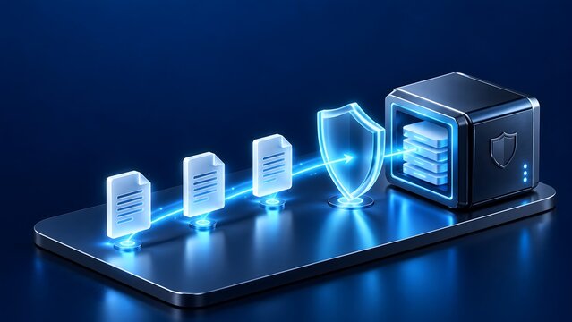 Encrypted digital file transfer process moving documents into a secure storage vault with glowing shield