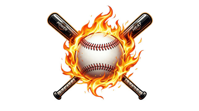 hot baseball bats crossed around flaming baseball
