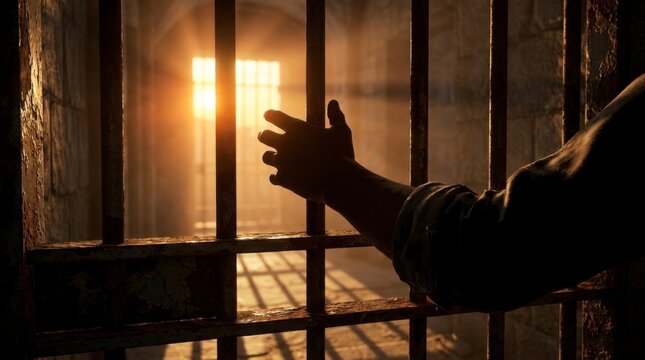 Hand Reaching Through Dark Prison Bars Towards Bright Light, Symbolizing Hope and Freedom, concept of hope and freedom