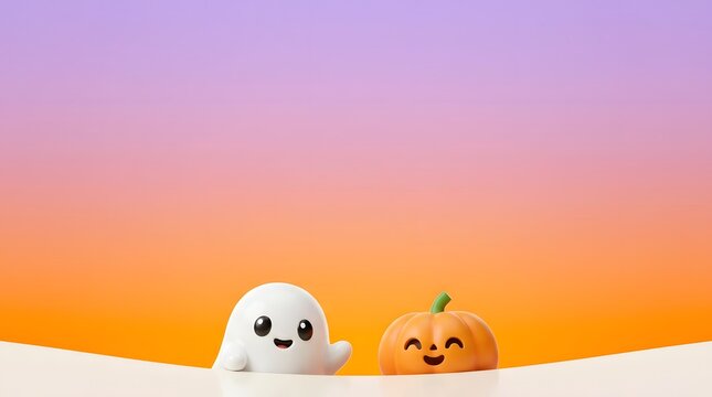 Cute ghost and pumpkin figurines on colorful gradient background