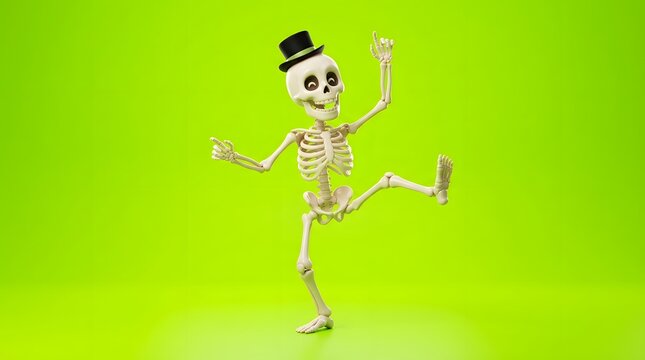 Dancing skeleton wearing a top hat on vibrant green background
