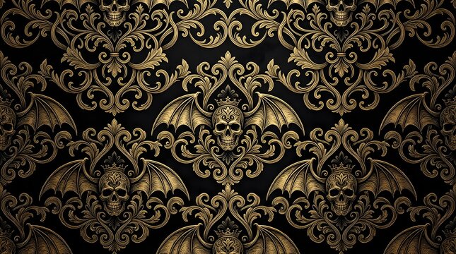 Ornate Gothic Pattern with Skulls and Bat Wings in Gold