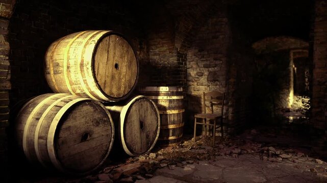 Dim Georgian wine cellar oak barrels, stacked in shadowed stone room, dustcovered oak casks, quiet amber light, cobwebs, rustic cooperage feel, vintner storage