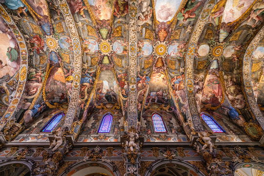 Indoor view in the marvelous Church of Saint Nicholas of Bari and Saint Peter Martyr (Parroquia de Sant Nicolau de Bari i Sant Pere Martir) in Valencia, Spain. May-21-2025