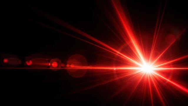Vibrant red laser strike with intense flare and circular bokeh particles on dark background space.