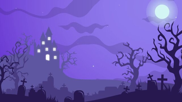 Halloween Background Video 4k with Purple Night Sky Haunted Castle Graveyard Silhouette and Full Moon