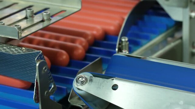 dogs travel on blue conveyor belt. Metal clamps position each sausage. Blue rollers support hot dogs during production. Machinery guides hot dogs smoothly