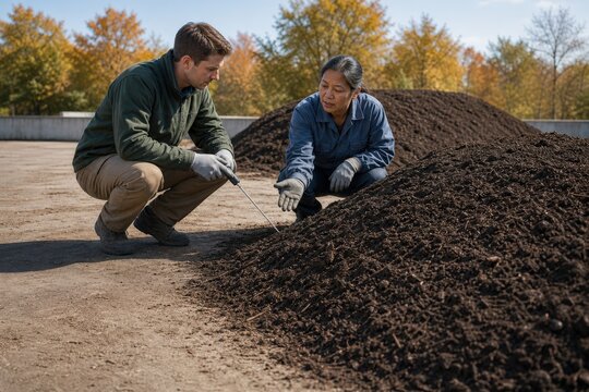 Compost Facility Odor Monitoring - Analyst and supervisor comparing a finished Organics windrow