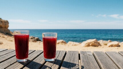 Fototapeta premium Two glasses of cold red juice stand on rustic wooden table. Refreshing berry drink with condensation sits on sea terrace. Blue ocean, sunny beach view in background. Summer vacation lifestyle with