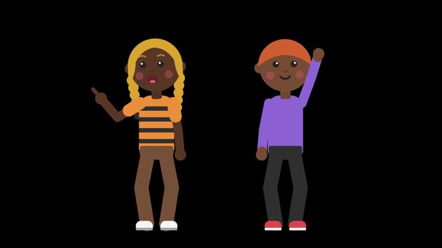 Two happy cartoon children pointing and raising hands on black background