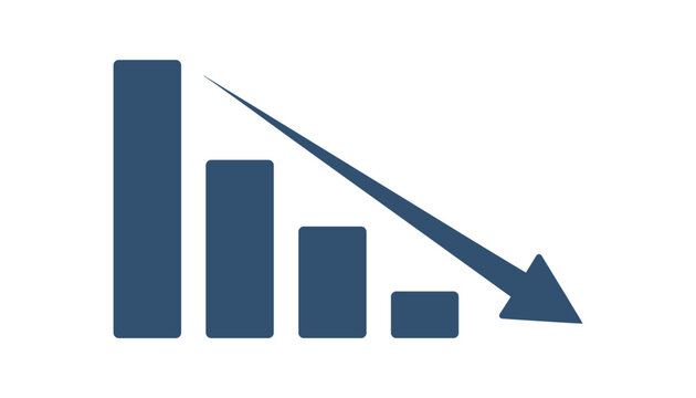 Decreasing bar chart with downward arrow representing financial loss, recession, economic decline, or negative business growth.