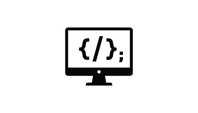 Computer monitor with programming code symbol on the screen represents software development, web design, and coding concepts.