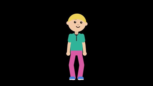 Flat vector boy character standing and smiling, motion graphics asset