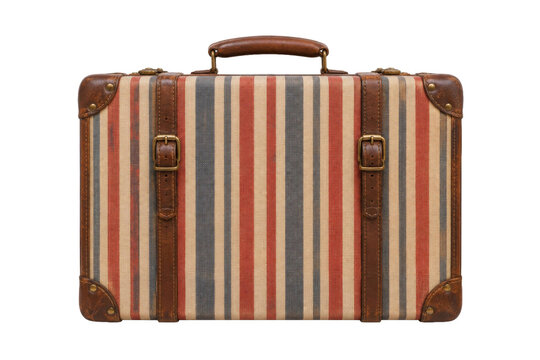 Vintage striped suitcase with brown leather straps isolated on a clean white background
