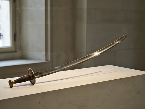 Antique curved sword with brass hilt on a white display pedestal