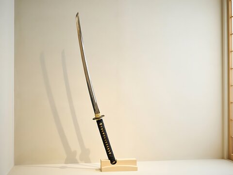 Japanese katana sword standing on a wooden stand