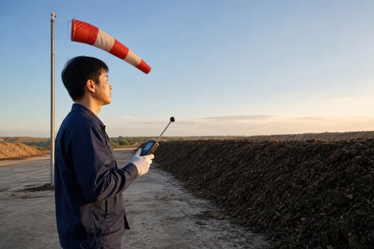 Compost Facility Odor Monitoring - Air Measurement technician measuring beside an active Organics windrow