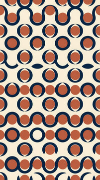 Seamless abstract pattern with geometric circles and wavy lines in retro colors.