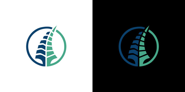 Stylized fern leaf logo design inside a circle in blue and green color palette, presented on both white and black backgrounds