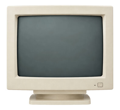 Vintage beige computer monitor with a blank dark screen isolated on a clean white background