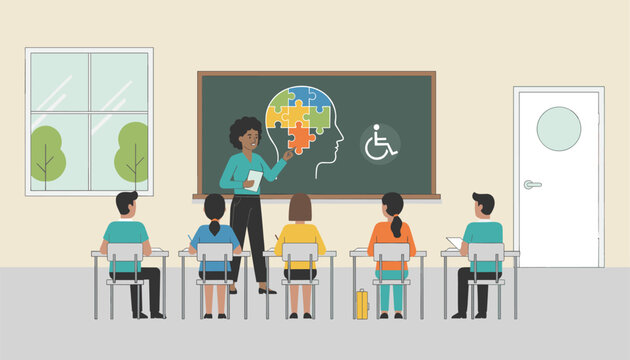 Inclusive special education classroom with a teacher showing a puzzle brain and wheelchair icon to students on the blackboard.