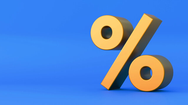 A golden percentage symbol stands against a vivid blue background in a clean 3D composition. The image represents discounts, rates, finance, and special offers. It suits marketing and commercial conce