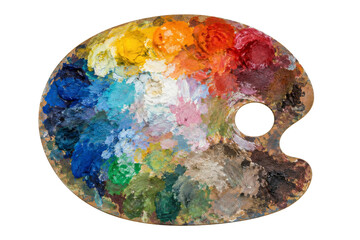 Wooden artist palette covered in thick vibrant oil paint blobs isolated on white background