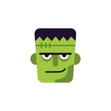 Flat vector Frankenstein monster face icon for Halloween design green zombie head