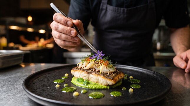 Chef plating gourmet fine dining dish with tweezers and microgreens on black plate