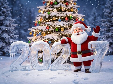 Santa Claus celebrating New Year 2023 in snowy winter forest with