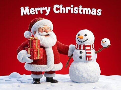 Santa Claus holding gift box beside cheerful snowman on snowy