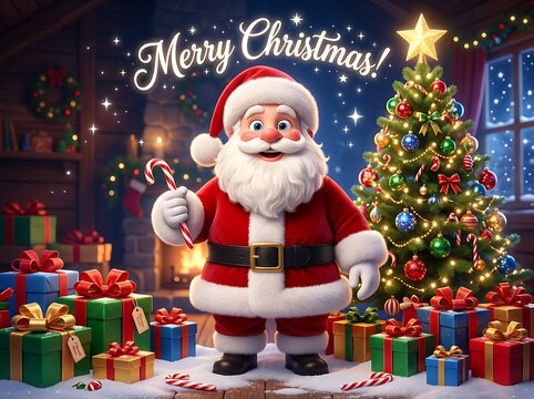 Santa Claus holding candy cane in festive Christmas living room with