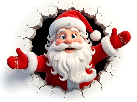 Santa Claus emerging from wall hole with cheerful holiday greeting