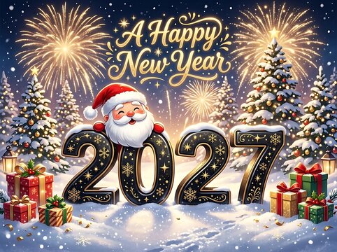 Santa Claus celebrating New Year 2027 in snowy forest with fireworks