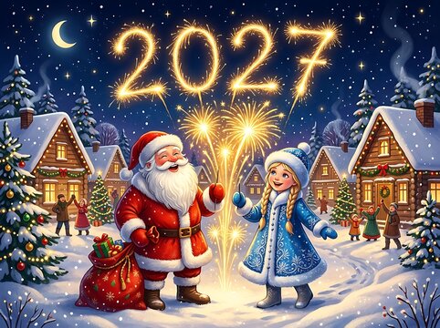 Santa Claus and child celebrating New Year 2027 fireworks in snowy