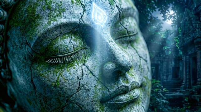 Cracked granite face with closed eyes and long eyelashes, pale blue glow on the forehead, and mist in the moonlight over jungle temple ruins